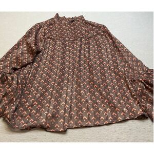 Tyche Pleated Mock Neck Blouse Orange Brown Geometric Size Medium Tiered Sleeve